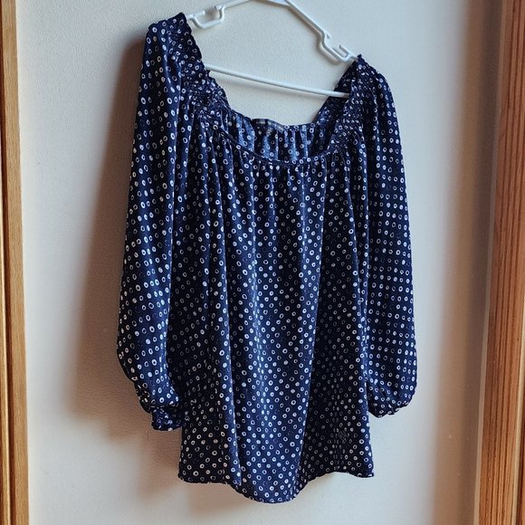 Adrienne Vittadini Blue/White Micro Print Blouse Size Large - Picture 3 of 16